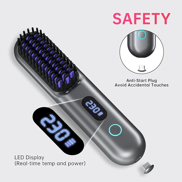 CORDLESS HAIR STRAIGHTENER BRUSH – PORTABLE STRAIGHTENER BRUSH WITH 9 TEMP SETTINGS, MINI STRAIGHTENING COMB FOR TRAVEL, 9600MAH RECHARGEABLE BATT & 224 MILLION NEGATIVE IONS (METALLIC GREY)