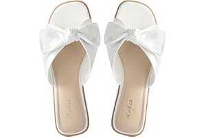 Ankis Womens Flat Bow Sandals for Women Dressy Comfortable Summer Beach Sandals for Women 2026 Cute Square Open Toe Slip On Slide Sandals Bridal Wedding Dress Shoes White Black Pink Gold Nude