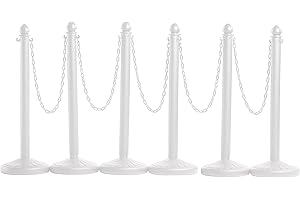 CROWD CONTROL WAREHOUSE Montour Line Plastic Stanchion White 2.5 Inch Diameter with 50 Foot Chain, 6-Pack, Crowd Control Barriers