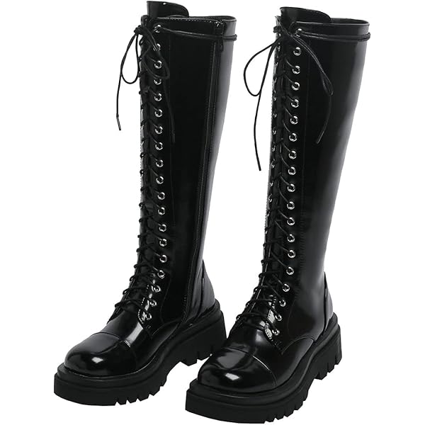 Amazon.com | AIMODOR Womens Patent Leather Lace Up Knee High