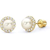 14k REAL Yellow Gold Freshwater Cultured Pearl & CZ Stud Earrings with Screw Back