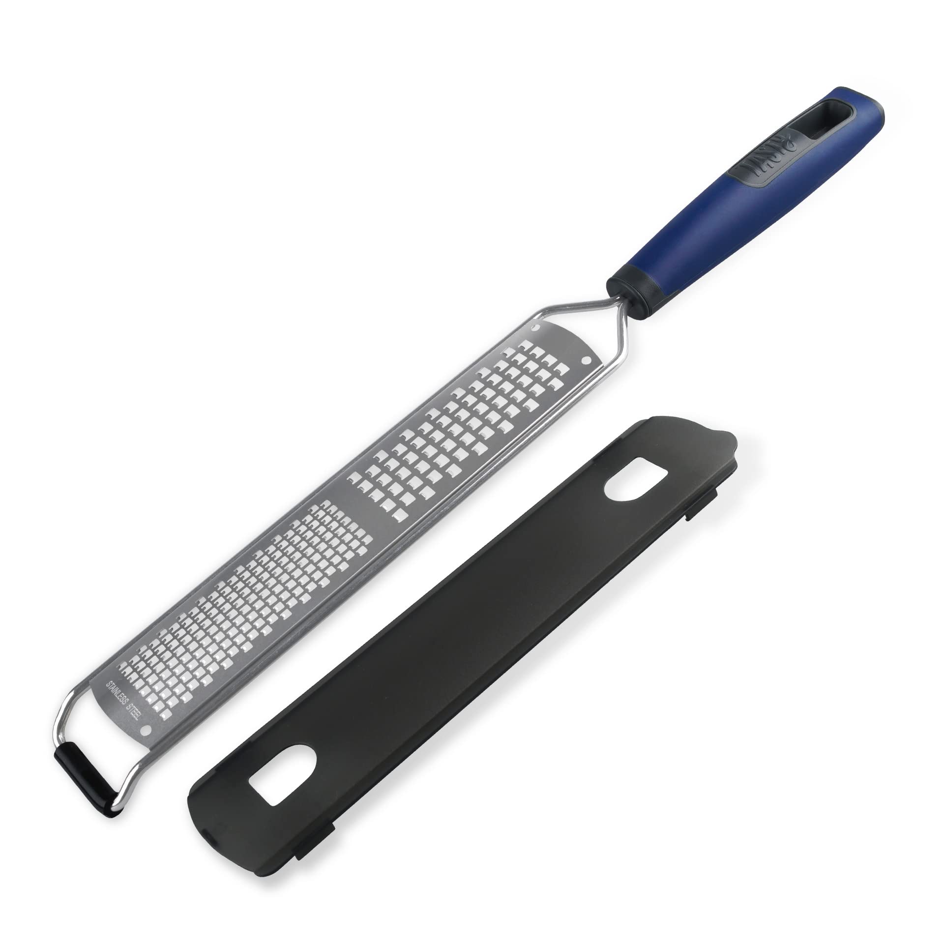 Tasty Everyday Hand Grater with Fine & Coarse Surface, Hand Cheese Grater & Lemon Zester with Non-Slip Base & Stainless Steel Grating Surfaces, Colours: Dark Blue, Grey & Stainless Steel