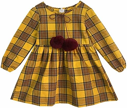 Kseniya Kids Baby Girls Long Sleeve Dresses Plaid Wool Ball Girl Casual Dress (5-6y, Yellow)