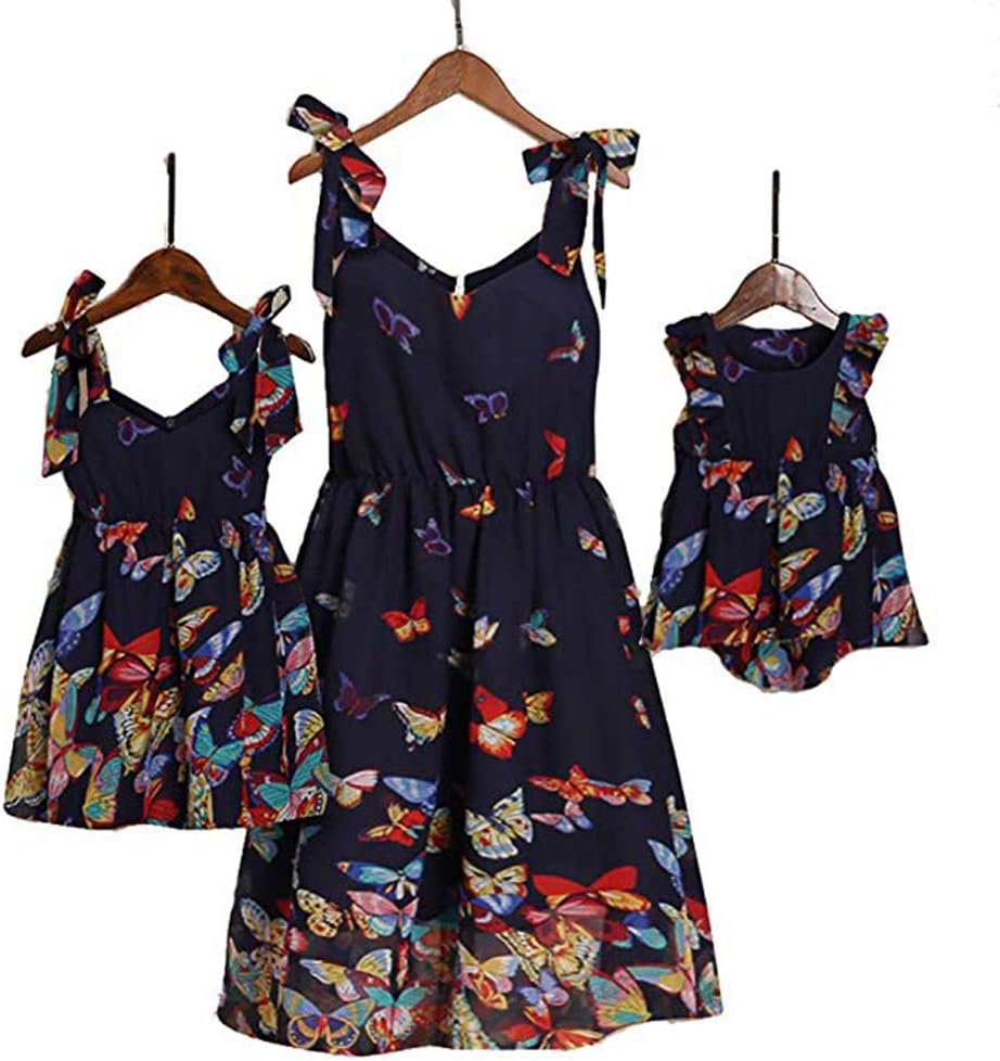 Mommy and Me Dresses Sweet Floral Print Bowknot Halter Shoulder-Straps Chiffon Dress