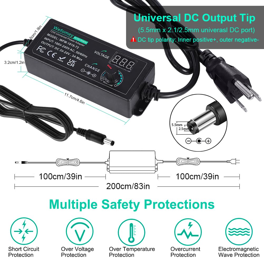 Universal Power Supply 3V~24V 3A 72W Adjustable Variable AC/DC Adapter Charger, 100V-240V AC to DC Converter with LED Voltage Display & 14 Tips & Polarity Converter & Test Lead