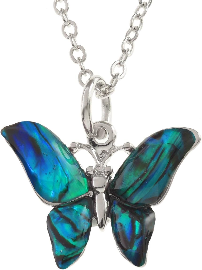 Womens Butterfly Necklace inlaid with Sustainably Sourced Blue Abalone Shell on 18 inch Rhodium Plated Chain with Gift Box