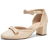 Coutgo Womens Chunky Low Heels Bow Closed Toe Ankle Strap Pumps Elegant Wedding Party Dress Shoes