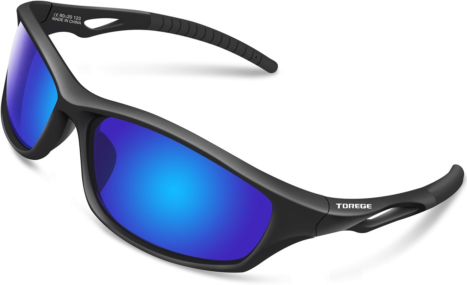 TOREGE Polarized Sports Sunglasses for Men Women for Cycling Running Fishing Golf TR90 Unbreakable Frame TR010-1 (Black&Black Tips& Blue Lens) : Clothing