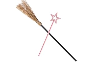 Arrowbash 2 Pieces Witches Broom and Witch Wands Star Fairy Princess Wand Broomstick Adult Cosplay Costume Props Masquerade Dress up Christmas Party Favors (37.8 Inch,13.78 Inch,Pink and Brown)