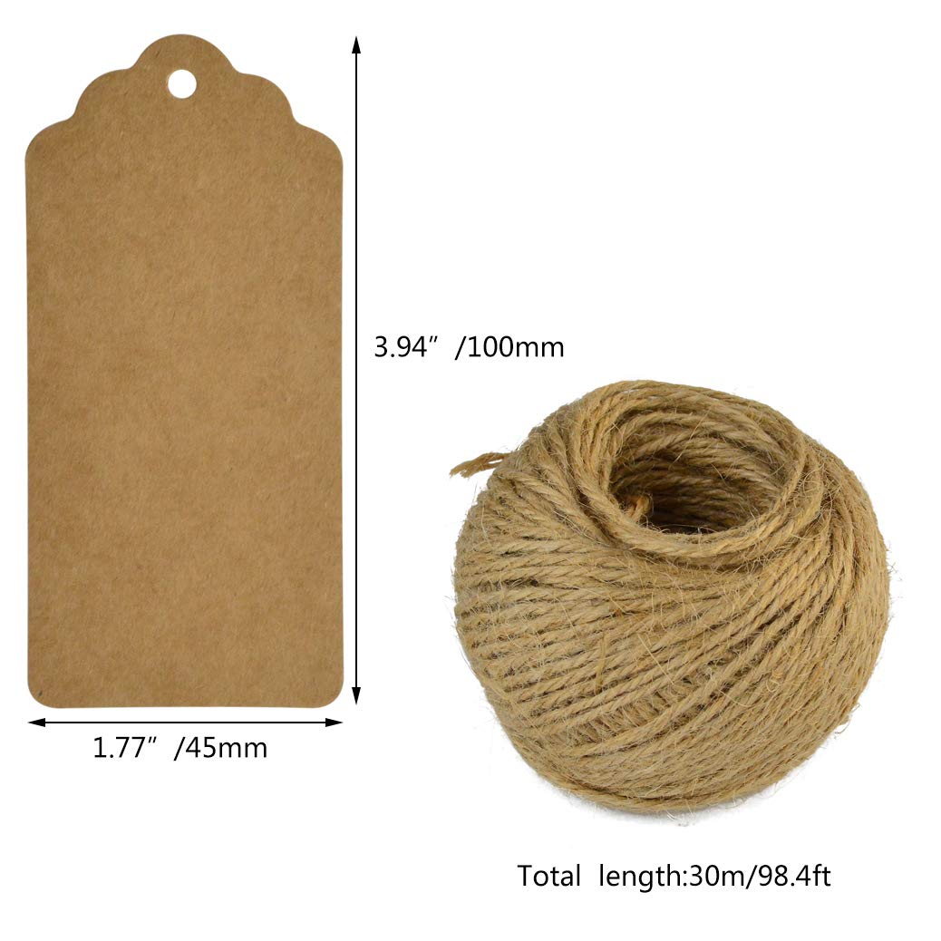 200 Pcs Gift Tags Kraft Paper Tag Brown Gift Kraft Tag DIY Tags Rectangle Craft Hang Tags Price Tags White Favor Name Tags Card with Heart +2pcs 100 Feet Natural Jute