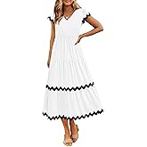 BTFBM Spring Summer Dresses for Women 2025 Vacation V Neck Cap Sleeve RIC Rac Loose Flowy Beach Midi Dress with Pocket