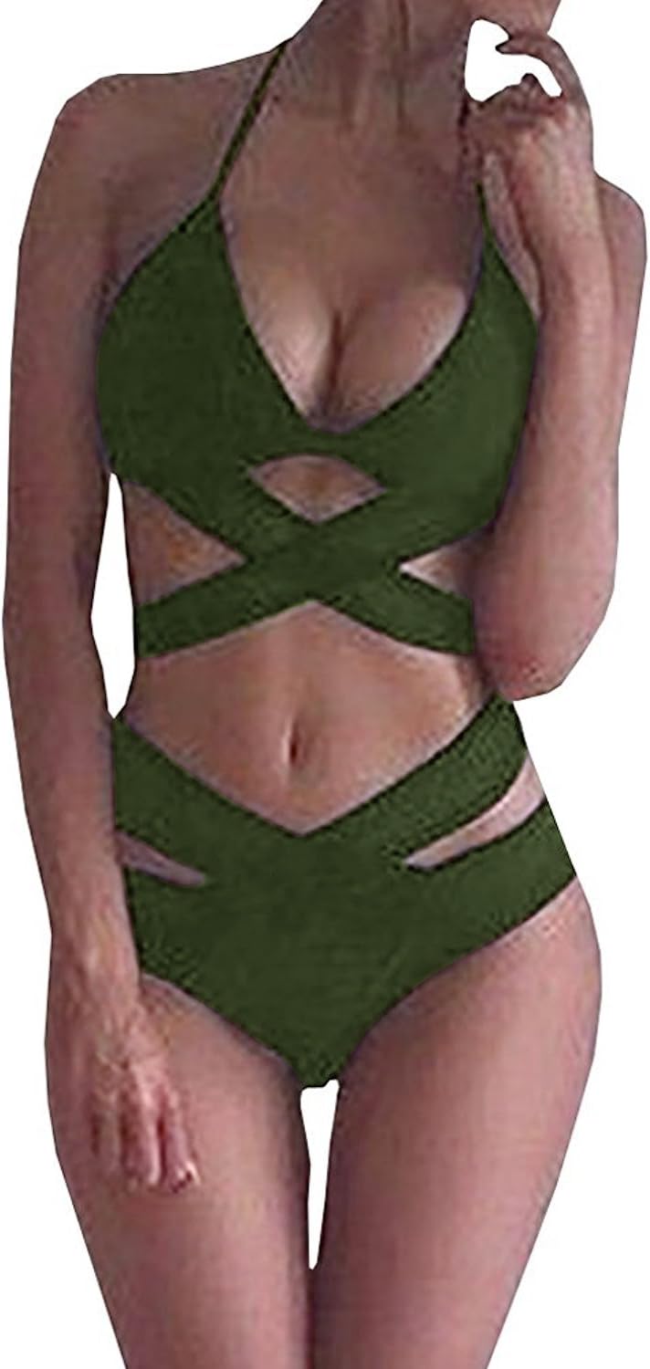 Nulibenna Bandage Halter Push up Cross Criss Cut Out 2 Piece Bikini Swimsuit