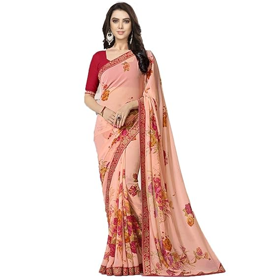 Women's Georgette Printed Sarees Jequard Lace Work Saree With Blouse Piece (A15 PEACH Multicolored_Free Size 6.30 Mtr)