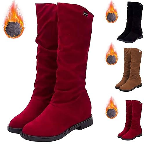 Ankle Boots for Women,Winter Warm Knee High Flat Low Heel Zipper Bootie Non-Slip Round Toe Suede Slouch Fleece-Lined Mid Calf Long Bootie Ladies Retro Western Burgundy Shoes,Women's Boots,5 B-Red