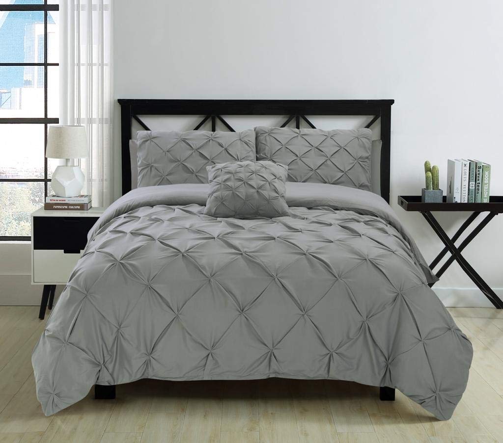 FIXTEXX Pintuck Duvet Cover Set of 5 with Fitted Sheet (135x190) with 35cm deep pockets and 2 Pillow Cases Includes Complementary Cushion Cover – Set of 5 (Silver, Double)