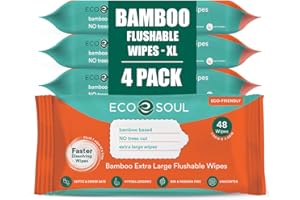 ECO SOUL Bamboo Flushable Extra-Large Adult Wipes-Unscented|4 Pack of 48| Eco-Friendly Bamboo Compostable| 99% Purified Water, Hypoallergenic,Soft Wipes, BPA & Paraben free