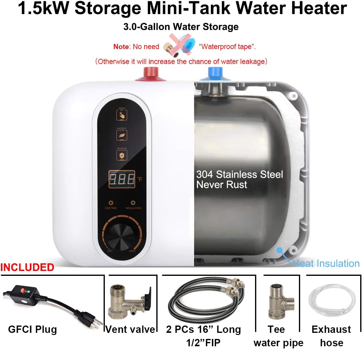 Electric Hot Water Heater 110-120V Compact Mini-Tank Storage, Small Output 2.5-3.0 Gallon, 1.5KW Kitchen Instant Under Sink Point-of-Use, 2 PCs 16” Long 1/2”FIP Stainless Steel Water Hoses, GFCI Plug - - 