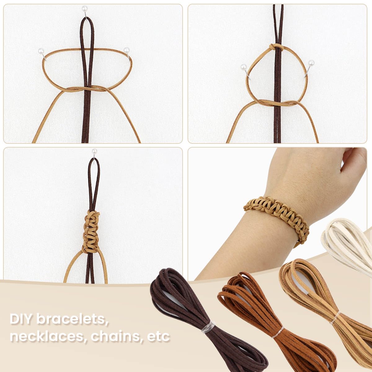 Tenalleys Leather String Suede Cord Leather Cords Rope String for Jewelry Making Necklace Bracelet Art Crafts Beading (4 Colors,3mm x 2.2 Yard)