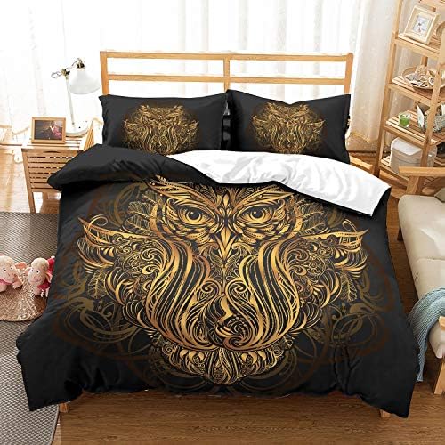 PATATINO MIO Christmas Black/Gold Hippie Mandala Bedding Set Gold Owl Mandala Print Black Duvet Cover Set Queen for Adults Teens Boys Girls 3 Piece with 2 Pillow Sham No Comforter