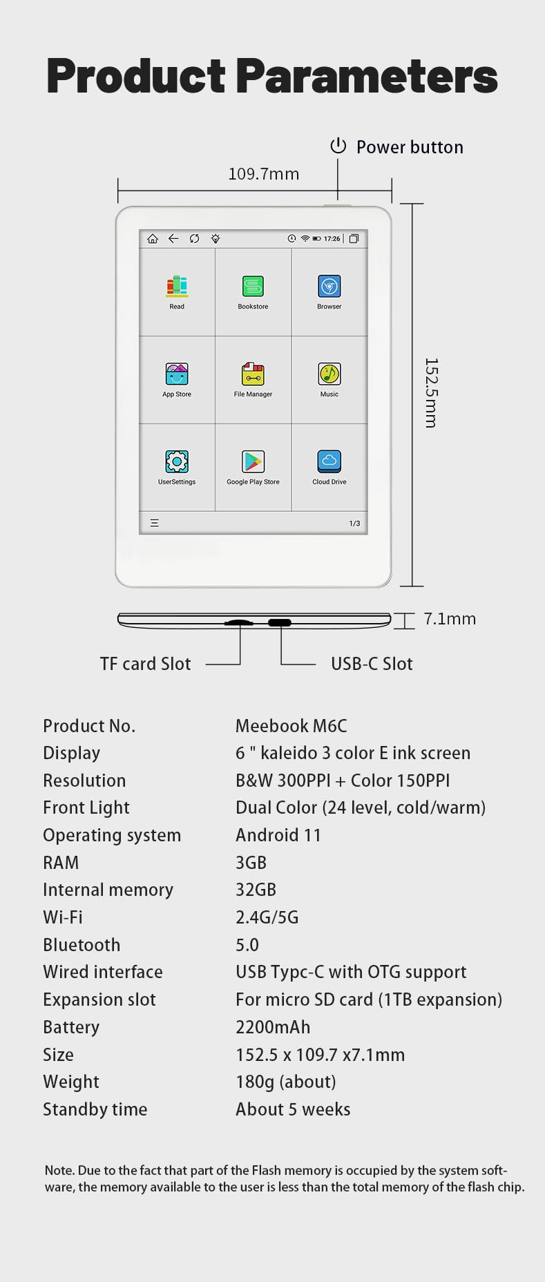 MEEBOOK (likebook) Ebook reader[M6C],6”Kaleido E-ink Color Screen+ Quad core Cortex A55, 1.8GHz CPU + 3GB RAM+ 32GB Memory、Android 11、Wifi、Blutooth、support Micro SD/TF card, White