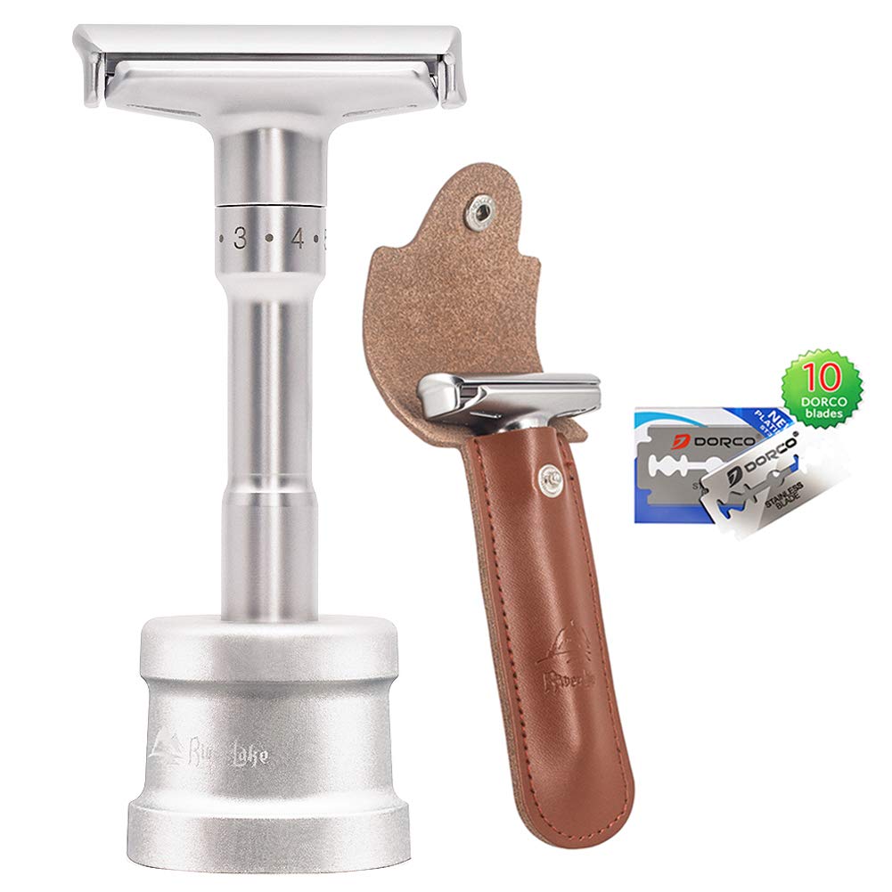 Safety Shaving Razor Set, River Lake RZ700 Long Handle Stainless Adjustable Double Edge Classic Safety Shaver Razor (1 Razor, 1Stand, 1 Leather Protective Sleeve & 10pcs blades)