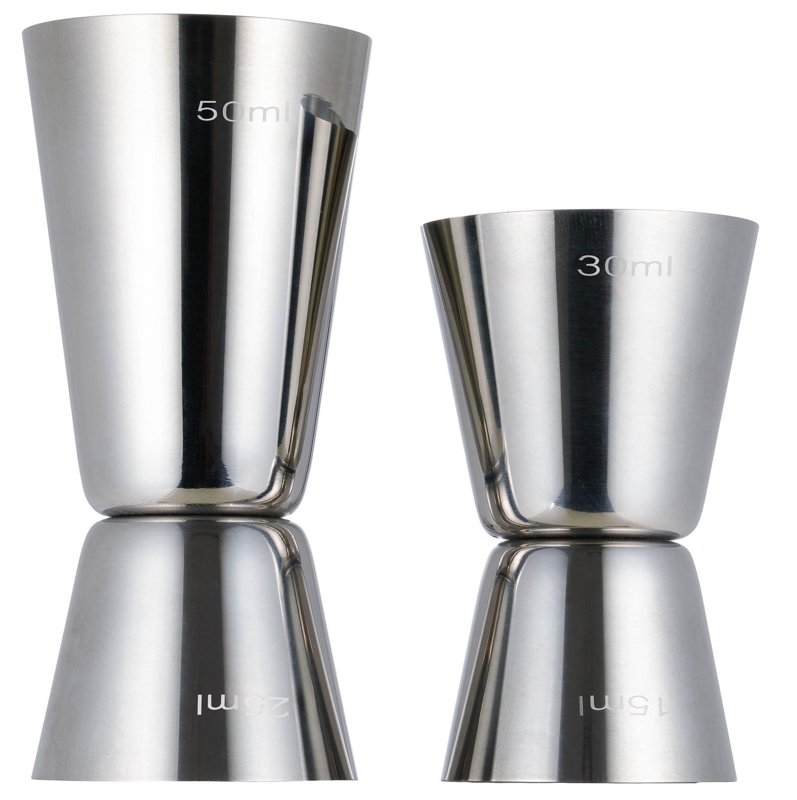 YoiYee Twin Pack Stainless Steel Cocktail Jiggers, Dual Measure 25/50ml & 15/30ml Bar Measuring Cups for Accurate Spirit and Drink Mixing