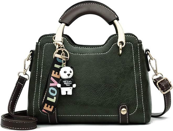 Amazon Nicole Doris ミニハンドバッグ レディース 小さめ 無地 ショルダーバッグ 2way シンプル バッグ 高級 人気 手提げ バッグ くま 飾り コンパクト ブランド 通勤 通学 軽量 Puレザー グリーン ハンドバッグ