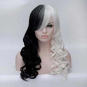 Iewig Long Wavy Half Black Half White Synthetic Hair Costume Party Wig Heat Resistant