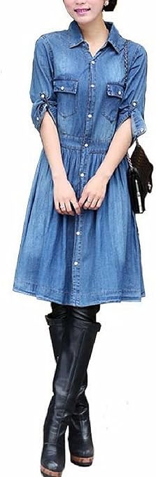 Amazon Co Jp シャンディニー Chandeny ダンガリー ウエスタン 風 袖 ロール アップ 薄手 デニム ワンピース 大人 カジュアル レディース ファッション デニム ブルー S M L Xl Xxl Xxxl Xxxxl 大きい サイズ あります Xlサイズ