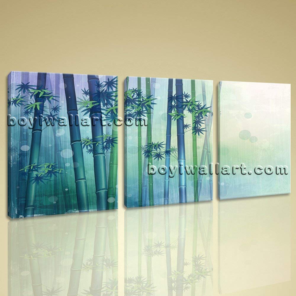 Large Modern Abstract Wall Art 3 Panels Bamboo Fengshui Zen Canvas Print Decor, Large Bamboo Wall Art, Living Room, Apple Green