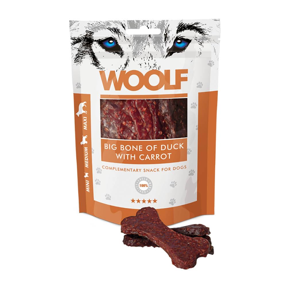 WOOLF Big Bone of Duck with Carrot - Complementary Snacks for Dogs. Dog Treats with All-Natural Ingredients and High Meat Content, Free from Artificial Additives. Suitable for Dogs (100g)