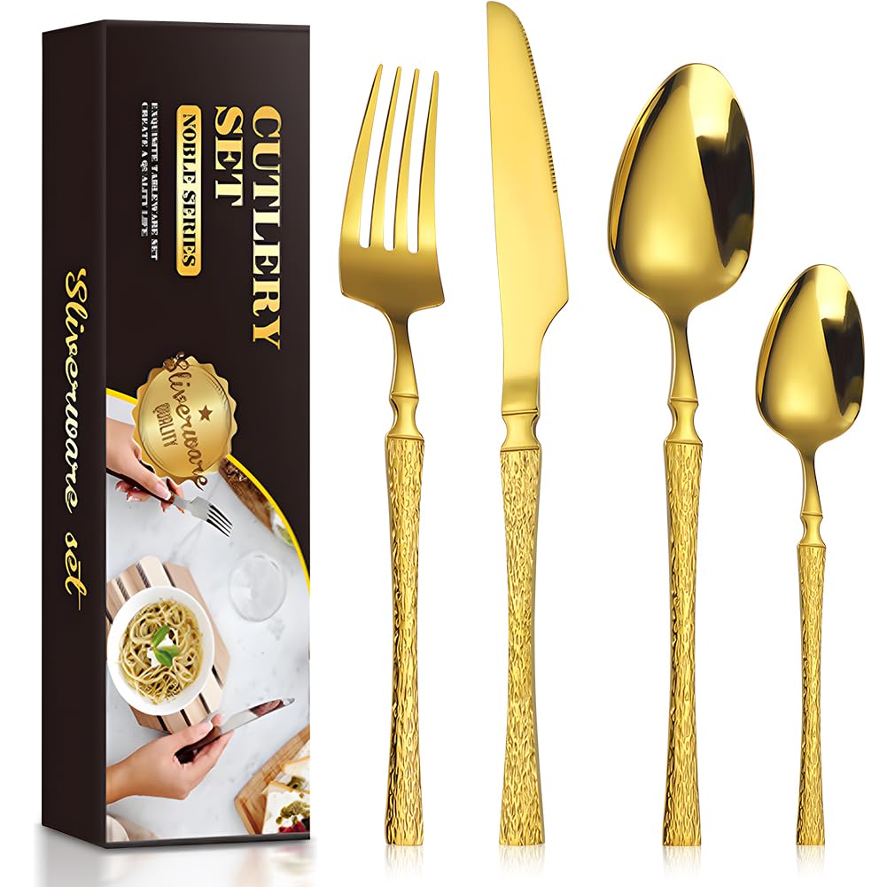 Gold Cutlery Set, Home Safety Stainless Steel Flatware Set 24 Piece, High-Grade Mirror Polishing Silverware Set Service for 6, Includes Knives, Forks, Spoons, Dishwash Safe,with Premium Box,Shiny Gold