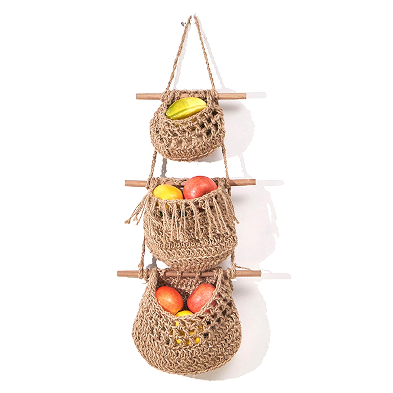 maxant Hanging Storage Baskets, Over Door Storage Organiser, Cotton Rope Storage Solution with 3 Pockets, Hanging Fruit Basket, Wall Hanging Storage Bag for Bedroom, Living Room, Bathroom (Beige)