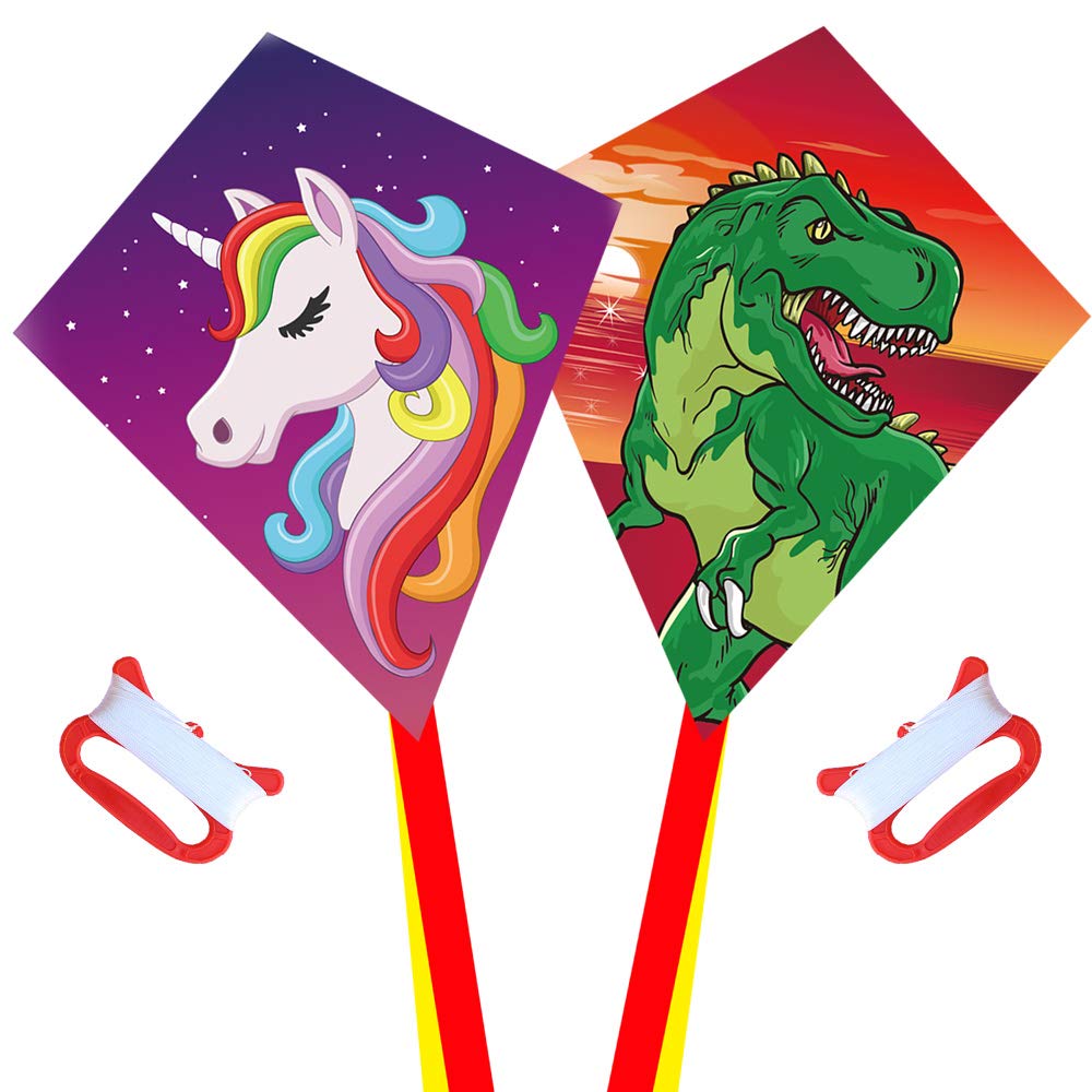 Photo 1 of [2 Pack] Diamond Kites Dinasour+Unicorn Eddy Kite for Children, Wonderful Beginner Kites for 3 Years up, 60x70cm with 2x300cm Long Tails, Kite Handle, 60m String and Swivel incloud