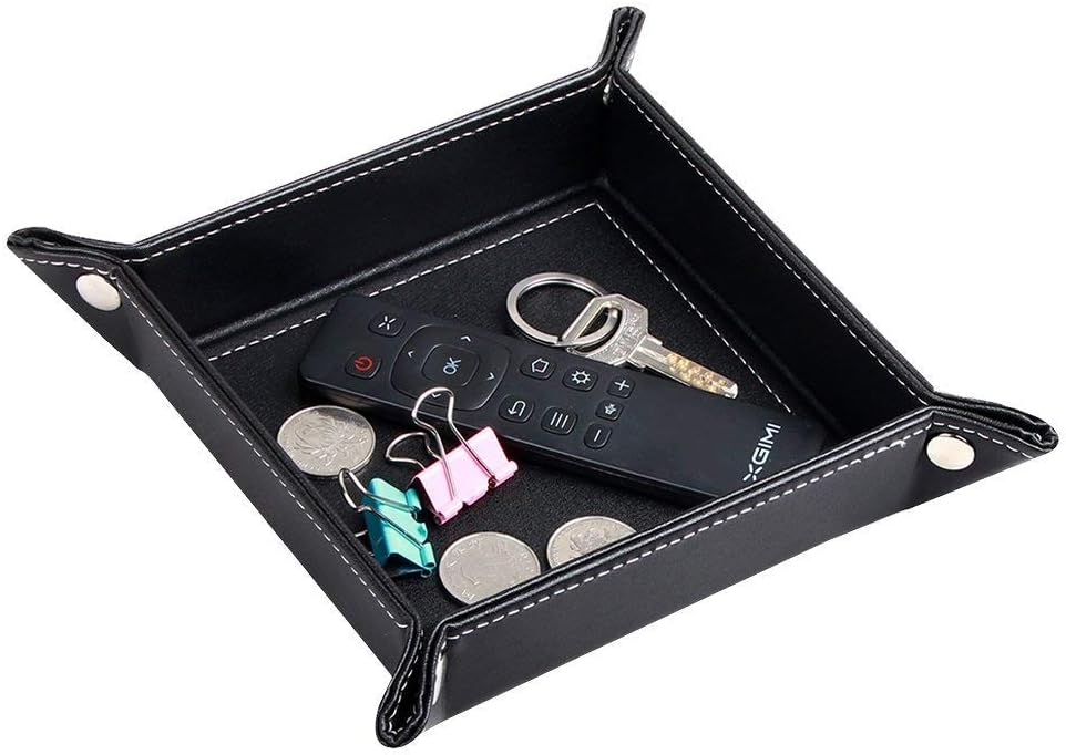 PUSU Desk Organizer Trays, Leatherette Collapsible Catchall Storage Valet Tray Office Pens Jewelry Makeup Keys Change Coins Dice Trinkets (Black)