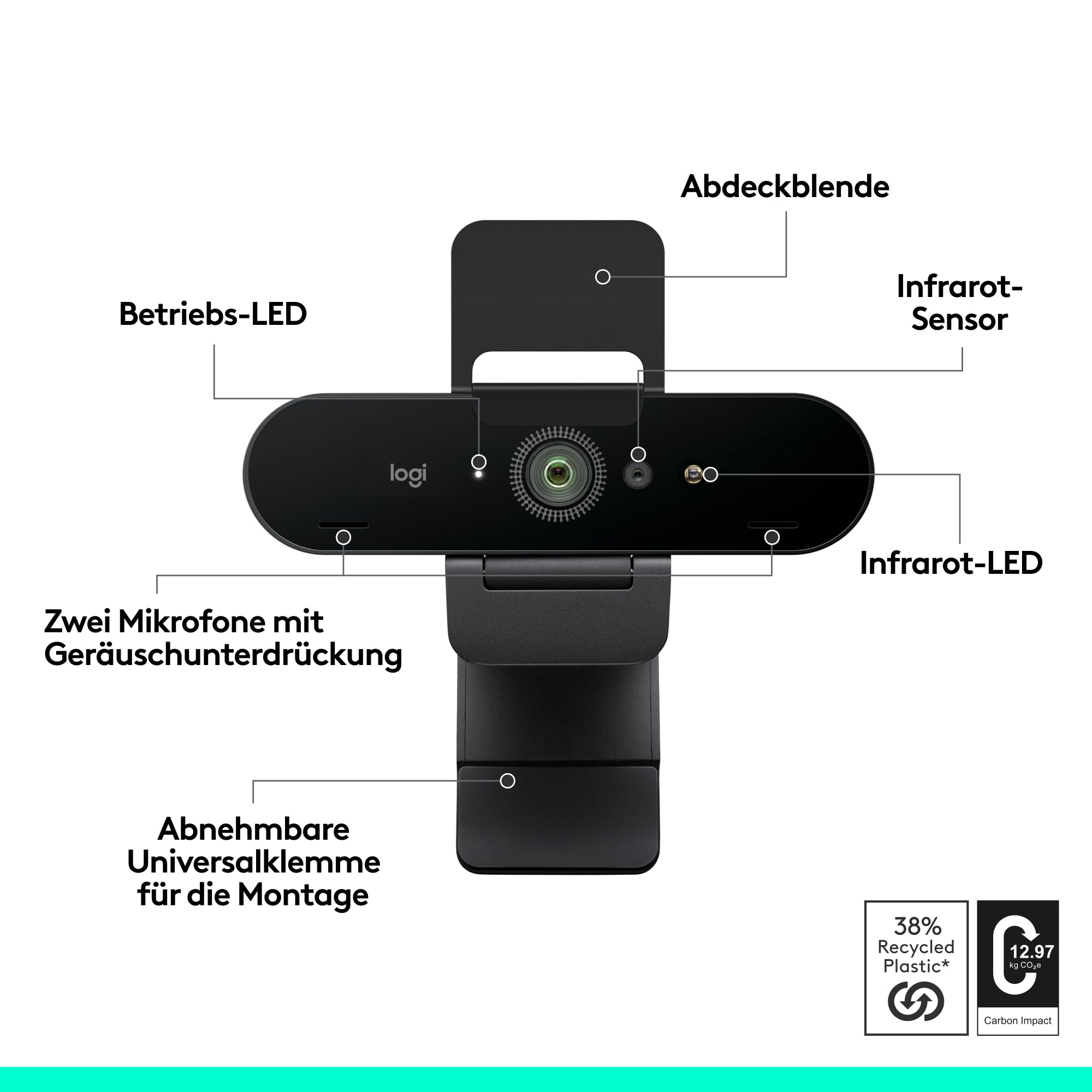 Logitech Brio 4K Webcam, Videogespräche, Mikrofon mit Geräuschunterdrückung, automatische HD-Belichtungskorrektur, Microsoft Teams, Zoom, Google Voice, Meet, PC/Mac/Notebook/MacBook - Graphit 6