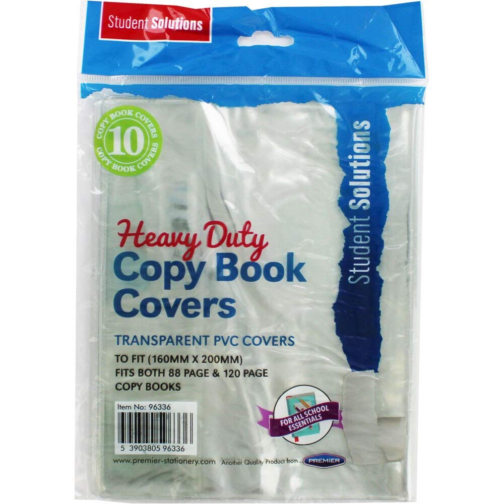 Premier Stationery Student Solutions Clear Book Cover, ideal for School Supplies, Office Stationary, Reusable Book Sleeve, Wipes Clean, Easy to Apply (Pack of 10) (160mm X 200mm)