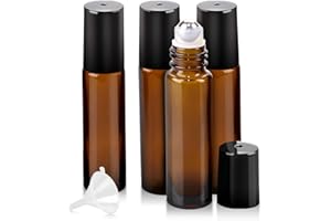 Worldgsb 4 Pack Essential Oil Roller Bottles, 10ml Refillable Amber Glass Roller Bottles with Stainless Steel Roller Balls and Caps for Travel, Perfume and Lip Gloss
