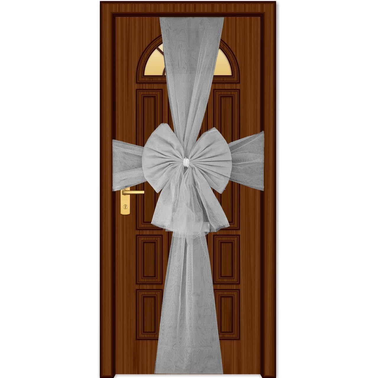 SHATCHI Christmas Door Bow – Silver 7.5m Diamante Giant Bow Door Cover - Front Door Decorations for Xmas Wedding, Baby Shower Outside Home Decor