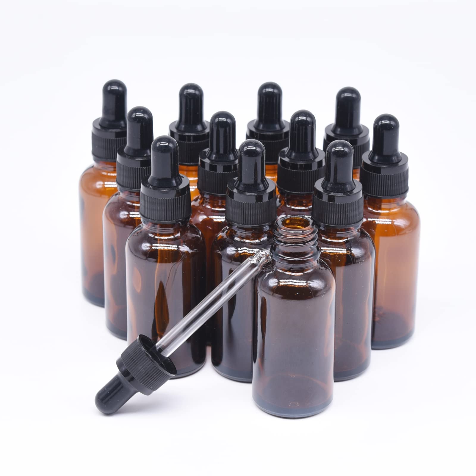 BOUNHOHE 12 x 30ml Amber Brown Glass Bottle with Dropper Pipette, Small Sample Empty Glass Bottles, for Perfumes and Essential Oil Aromatherapy Blends (12 Pack)