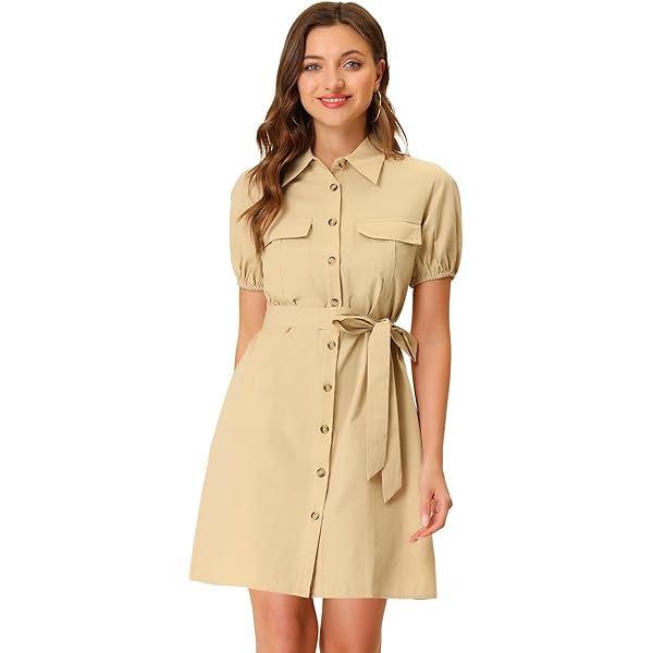 L’Or waist tuck shirt dress khaki Allegra K Women's Notched Lapel Elastic Waist Pocket A-Line Safari