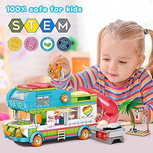 HOGOKIDS Girls Camper Building Toy: 452 PCS Camper Van Playset Building Blocks Toy with Slide | STEM Construction Kit for Girls Creative Building Bricks Gift for Kids Age 6 7 8 9 10 11 12