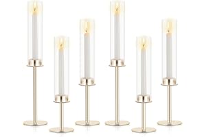 Ronasip Hurricane Candle Holders Set of 6 Metal Candlestick Holder for Glass Taper Tall Candle Holders with Crystal Chimney Tube Candles Stands for Home Decor, Christmas, Dinning (6, Gold)