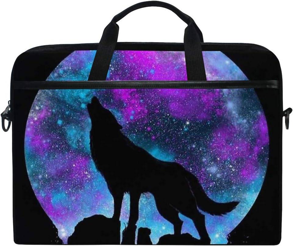 JOYPRINT Laptop Sleeve Case, Galaxy Star Moon Wolf Animal 14-14.5 inch Briefcase Messenger Notebook Computer Bag with Shoulder Strap Handle for Men Women Boy Girls