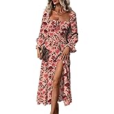 BLENCOT Womens Casual Square Neck Long Sleeve Boho Floral Midi Dress Print Side Split Dresses