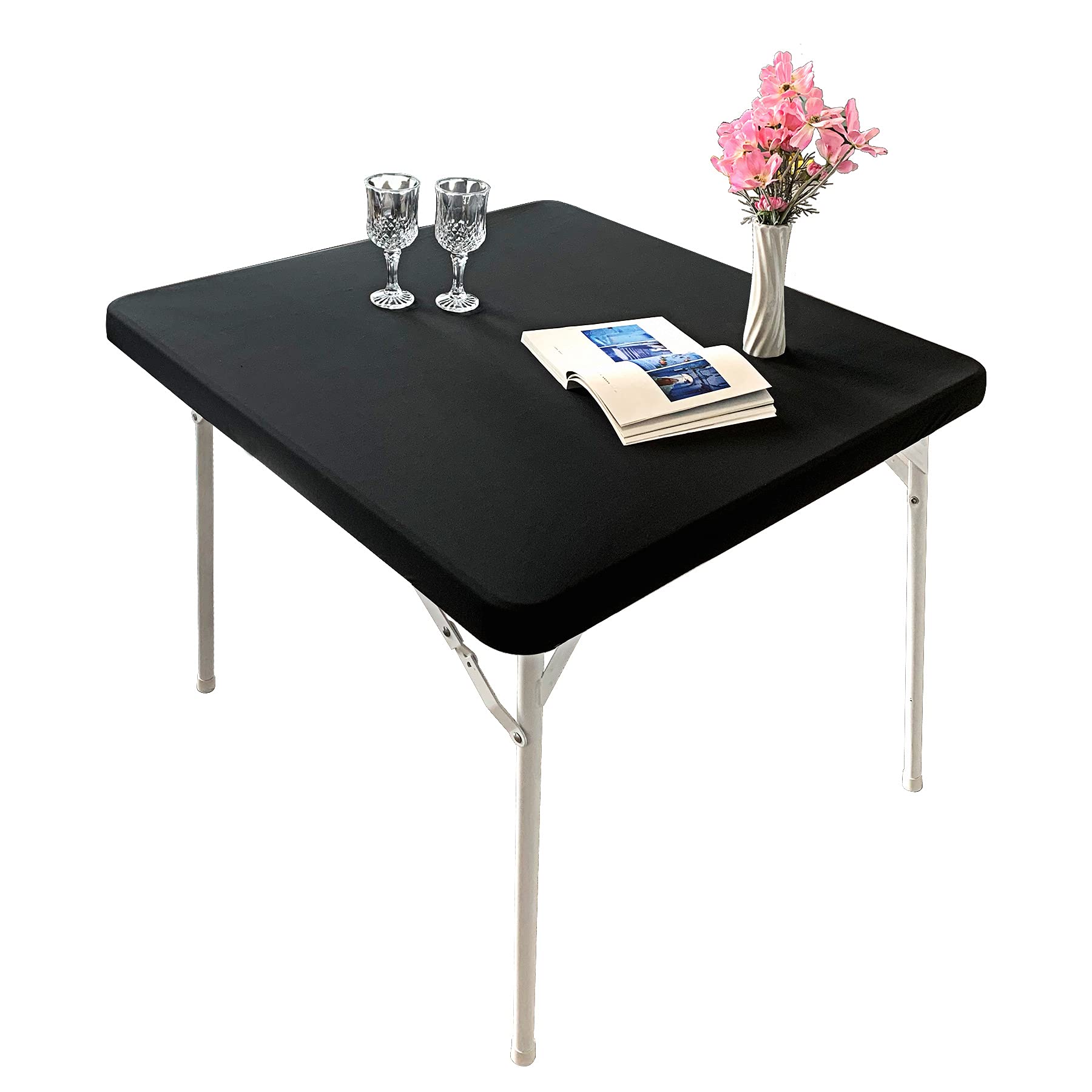 Monibana Cocktail Fitted Spandex Stretch Square Table Covers Caps Elastic Square Tablecloth Black Table Topper 34x34 Inch