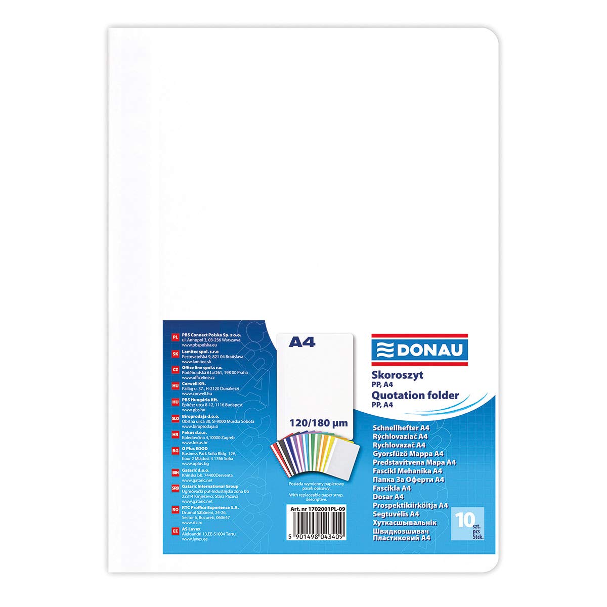 DONAU 1702001PL-09 Plastic File Folder A4 White/Plastic Folder Made of Eco PP Film 120/180 µm with Transparent Cover for Office and School Capacity Approx. 200 Sheets Pack of 10