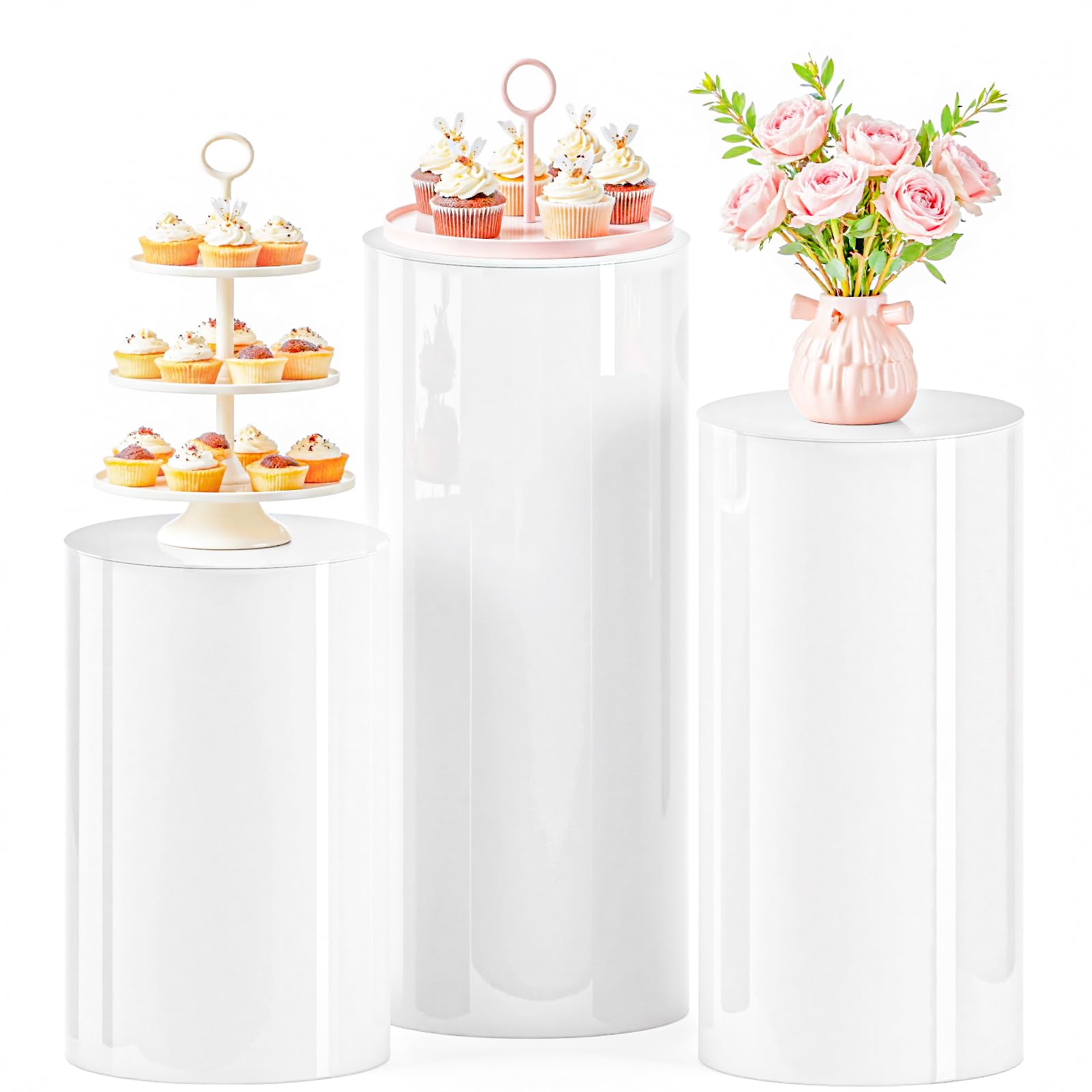 Photo 1 of AHUAWA Cylinder Stands for Party 3Pcs White Round Pedestal Stand for Parties, Plinth Pillars for Wedding Birthday Party Baby Show Decor