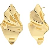 Rioleaf Irregular Stud Earrings for Women, Textured Metal Statement Earrings Lightweight Hypoallergenic 14K Gold Plated Jewelry for Daily Wear, Party, Wedding, Gift for Her