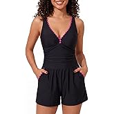 Smismivo Swim Rompers for Women One Piece Tummy Control Swimsuits Modest Full Coverage Bathing Suits with Shorts and Pockets